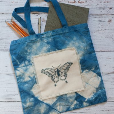 Indigo Embroidered Tote Bag | Butterfly Pattern from I Heart Stitch Art | Radiant Home Studio