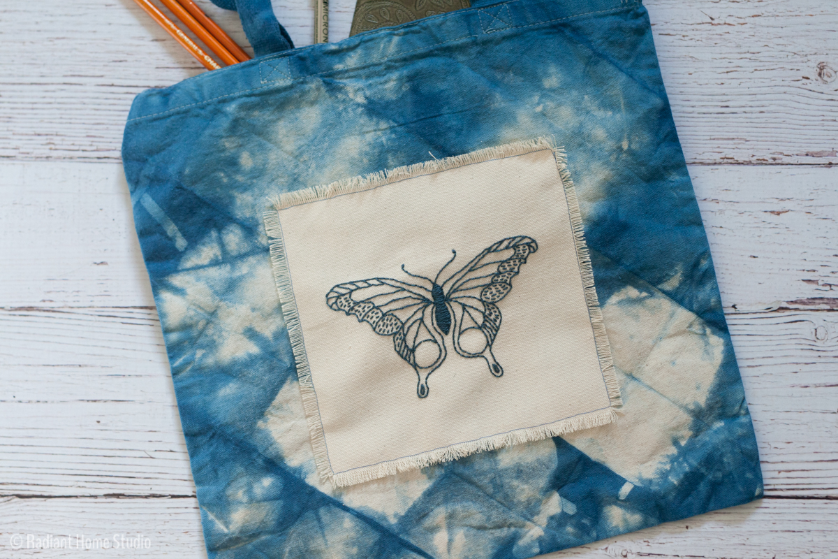 Indigo Embroidered Tote Bag | Butterfly Pattern from I Heart Stitch Art | Radiant Home Studio