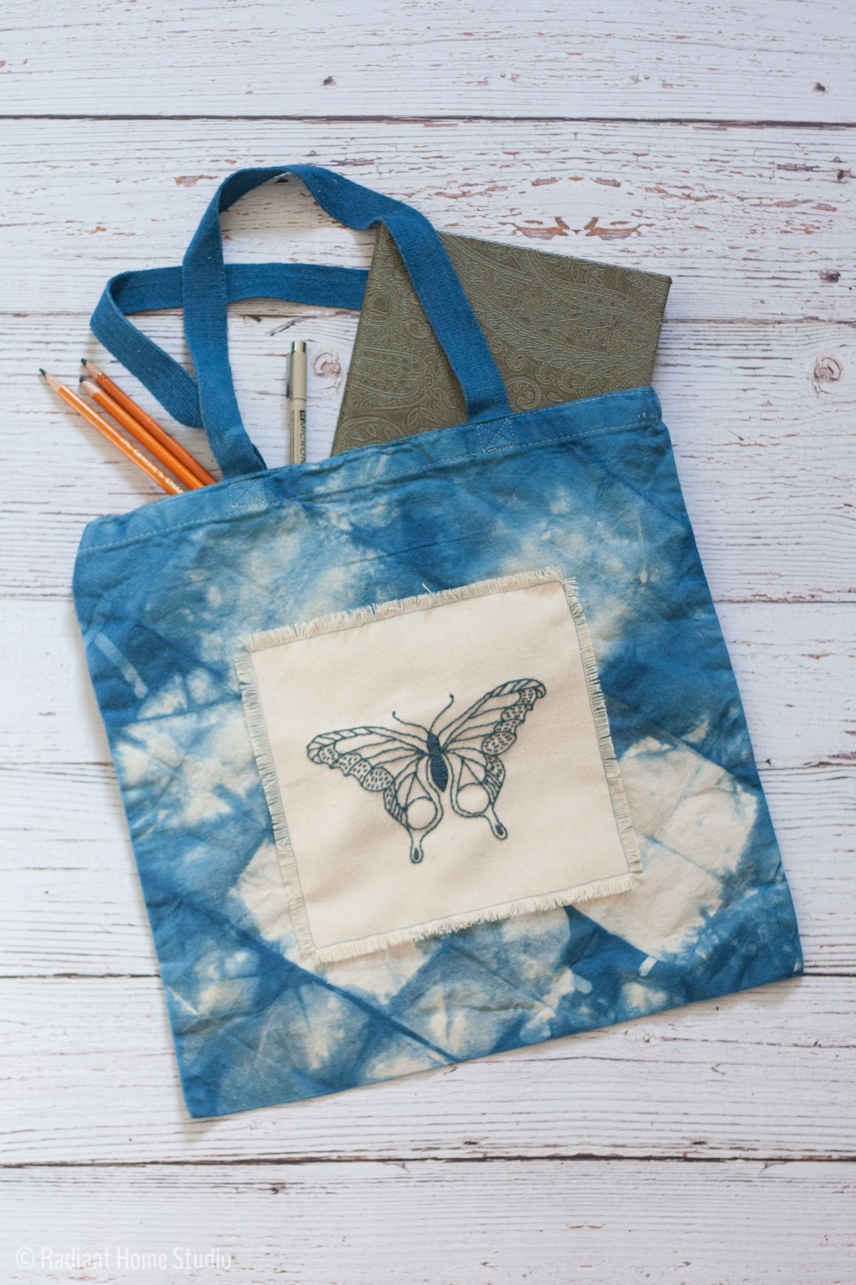 Indigo Embroidered Tote Bag | Butterfly Pattern from I Heart Stitch Art | Radiant Home Studio