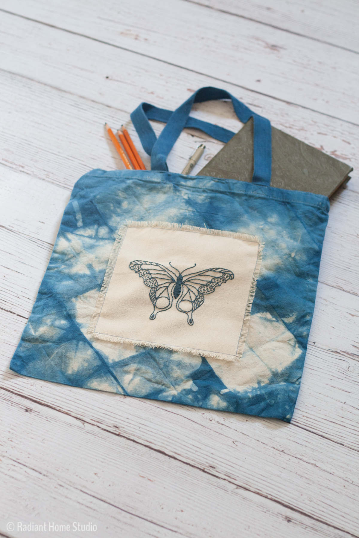 Indigo Embroidered Tote Bag | Butterfly Pattern from I Heart Stitch Art | Radiant Home Studio