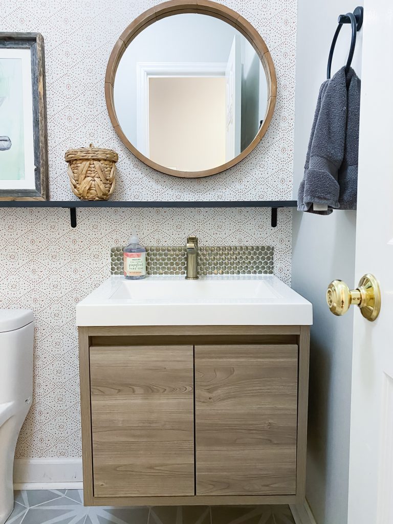 boho modern powder room vanity with gorgeous wallpaper